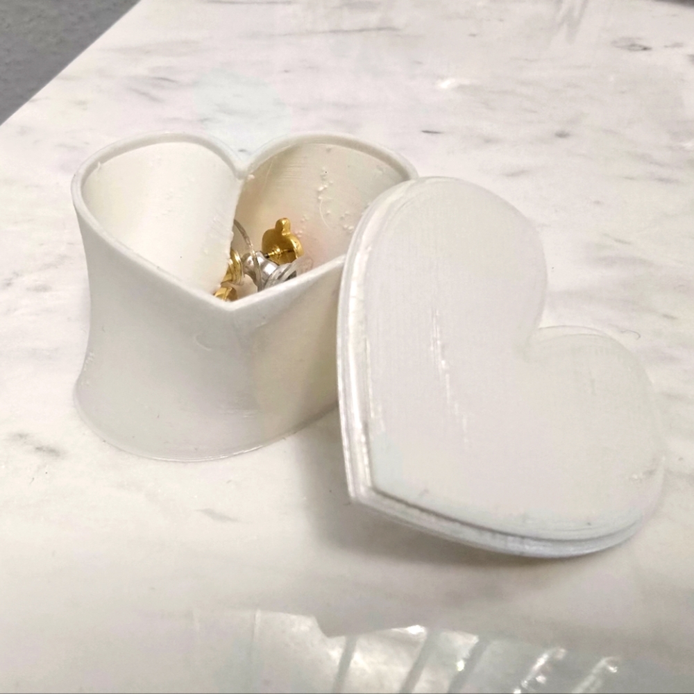 Heart-Shaped White Jewelry Box 3D PRINTED stands approx 1.5 In & 2in Wide.